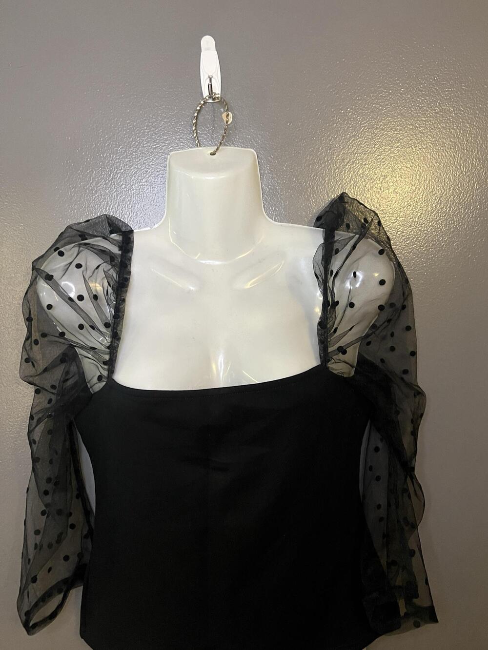 River Island Blouse Womens 4 Black Sheer Polka Dot Puff Sleeve Square Neck Top
